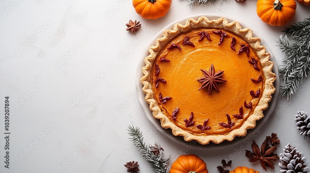 Photo of a pumpkin pie and decorations on a white background for design, top view. Web banner with copy space on the right Photo of a pumpkin pie and decorations on a white background for design, top view. Web banner with copy space on the right