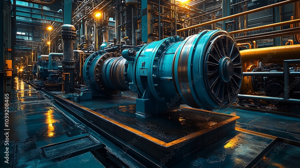 A large centrifugal water pump in operation, with a robust blue body, connected to steel piping running through the factory floor. A large centrifugal water pump in operation, with a robust blue body, connected to steel piping running through the factory floor.