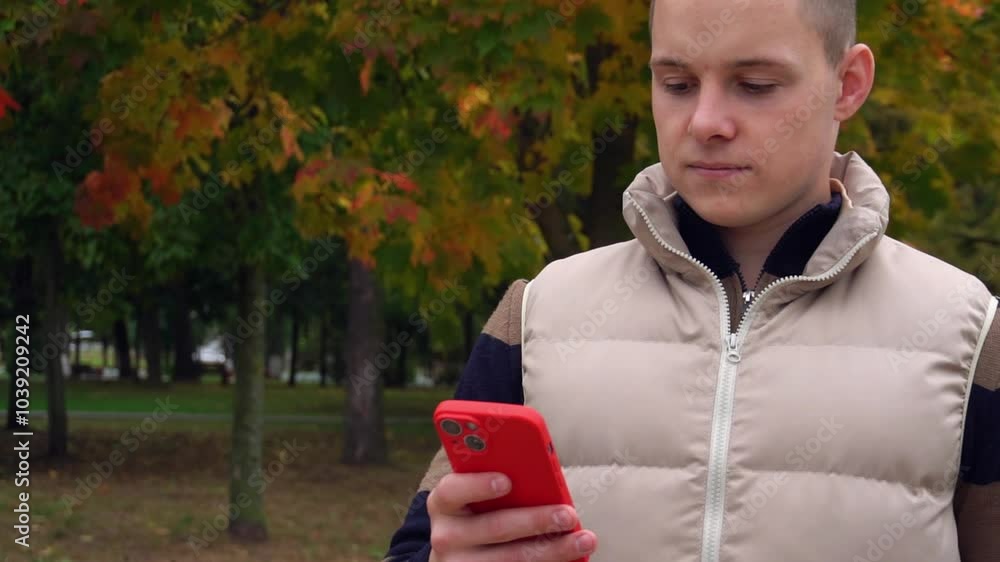 Caucasian guy looks at the screen of a red smartphone in an autumn maple park. electronic technologies. Caucasian guy looks at the screen of a red smartphone in an autumn maple park. electronic technologies.