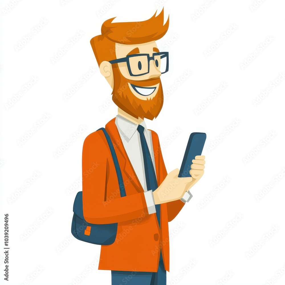 Casual man with glasses using smartphone in cheerful expression, white isolate background