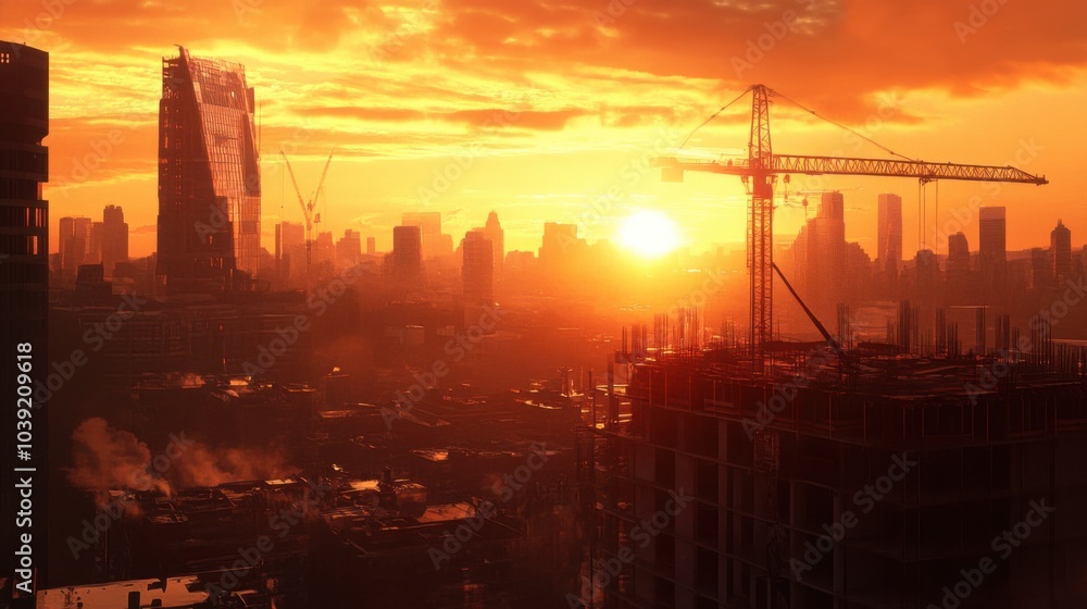 Sunset over a city skyline with construction and vibrant colors. Sunset over a city skyline with construction and vibrant colors.