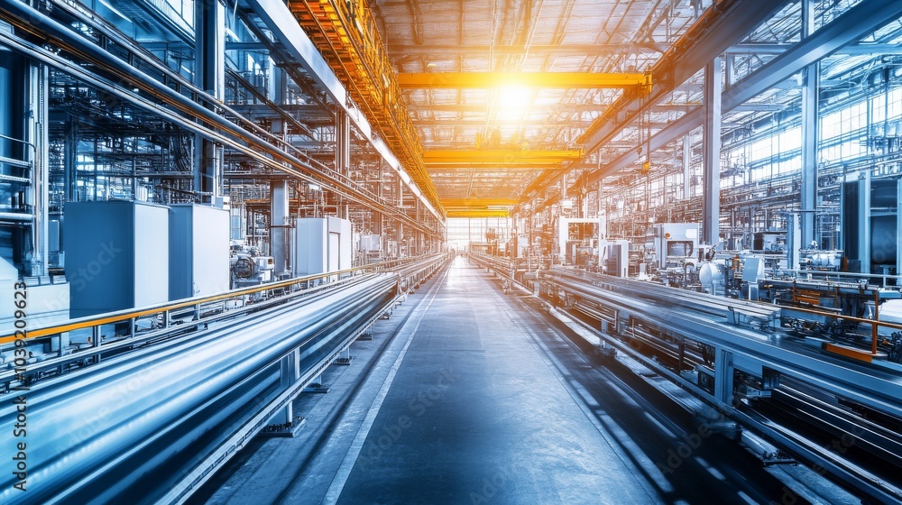 Fototapeta premium An AI-driven robotic manufacturing plant producing sustainable energy solutions, Industrial style, photo of