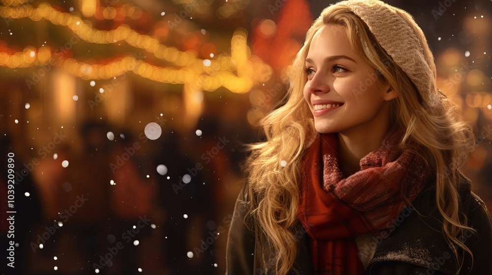 Young woman in a warm scarf and hat smiles brightly as snow falls around her. Young woman in a warm scarf and hat smiles brightly as snow falls around her.