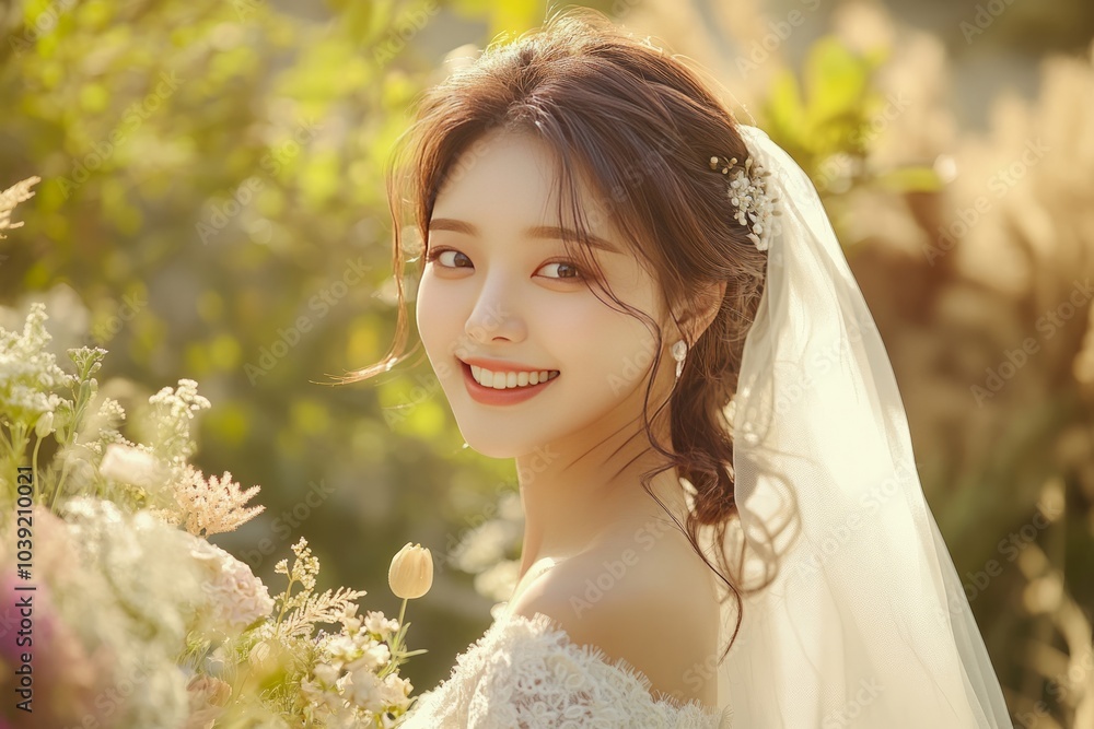 A beautiful young Korean woman with long hair tied back in bride hairstyle, smile, wearing a white wedding dress and veil, holding flowers, bride portrait A beautiful young Korean woman with long hair tied back in bride hairstyle, smile, wearing a white wedding dress and veil, holding flowers, bride portrait