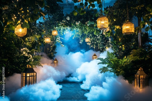 a beautiful wedding location at night in heaven. with lush plants coming from the clouds. wedding location, wedding spot, dreamy weadding  photo