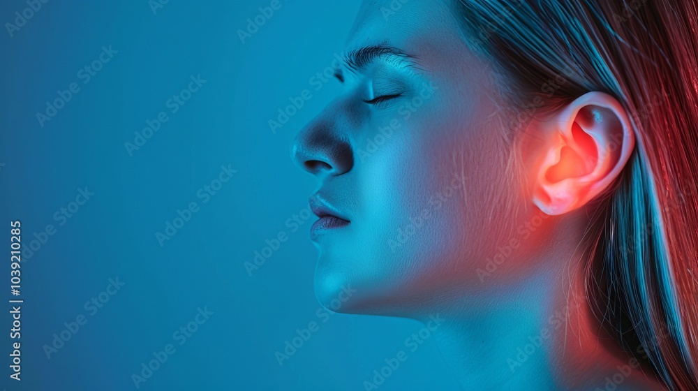 Female experiencing ear ache and inflammation, glowing red to depict health problems like Cerumen Impaction and Tonsillitis, in a medical concept illustration Female experiencing ear ache and inflammation, glowing red to depict health problems like Cerumen Impaction and Tonsillitis, in a medical concept illustration