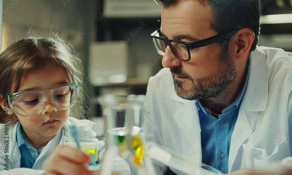 Scientist and child experimenting with colorful liquids in lab. Scientist and child experimenting with colorful liquids in lab.