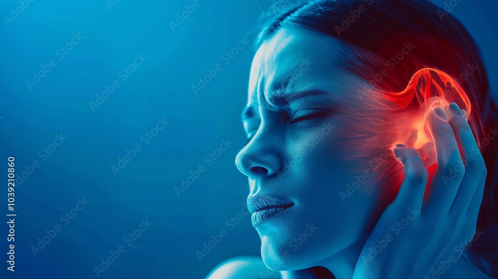 Fototapeta premium Healthcare checkup for woman with earache and hearing problems, addressing medical symptoms of Pharyngitis, Eustachian Tube Dysfunction, and other ear-related diseases