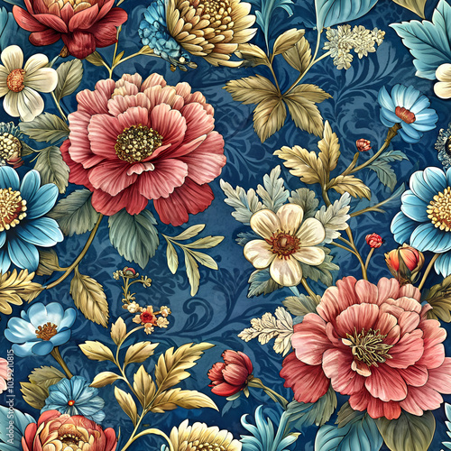 Wallpaper Mural A blue floral print with pink and white flowers Torontodigital.ca