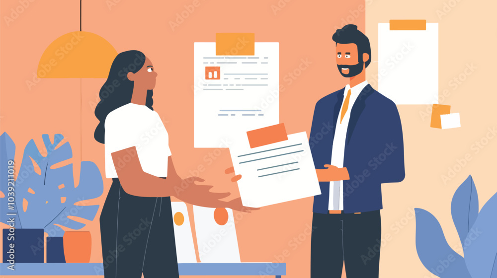 A manager handing a performance review document to an employee, with both showing mutual respect, illustrating accountability in workplace evaluations, Accountability A manager handing a performance review document to an employee, with both showing mutual respect, illustrating accountability in workplace evaluations, Accountability