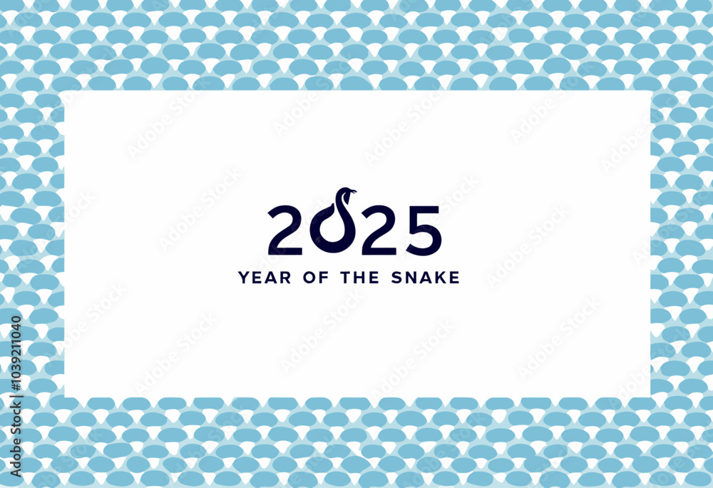 Stylish New Year 2025 Card: A High Contrast Blue and White Geometric Pattern Border with Circular Shapes and a Minimalist Snake Icon for a Contemporary Celebration of the Year of the Snake Stylish New Year 2025 Card: A High Contrast Blue and White Geometric Pattern Border with Circular Shapes and a Minimalist Snake Icon for a Contemporary Celebration of the Year of the Snake