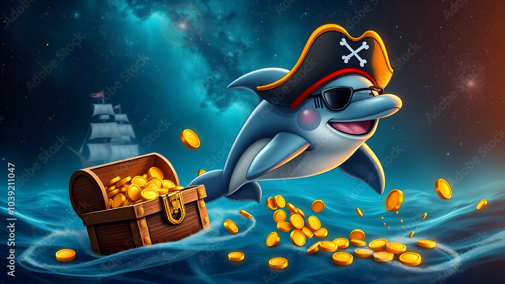 Naklejka premium A cartoonish dolphin with sunglasses flying over a sea of gold coins