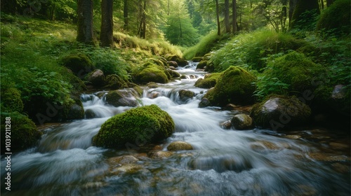 A tranquil forest scene with a gentle stream flowing over mossy rocks, creating a peaceful and refreshing atmosphere. Ideal for nature and wellness projects.