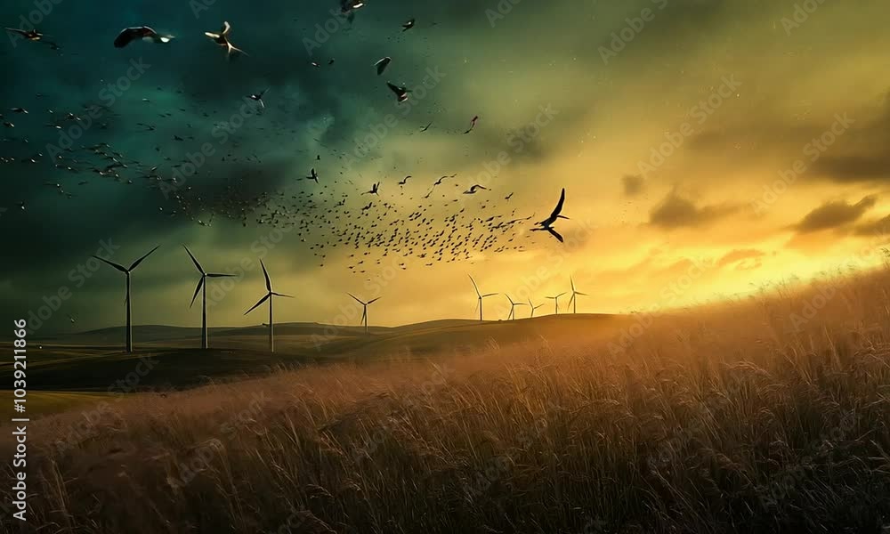 Serene landscape with wind turbines and birds at sunset.