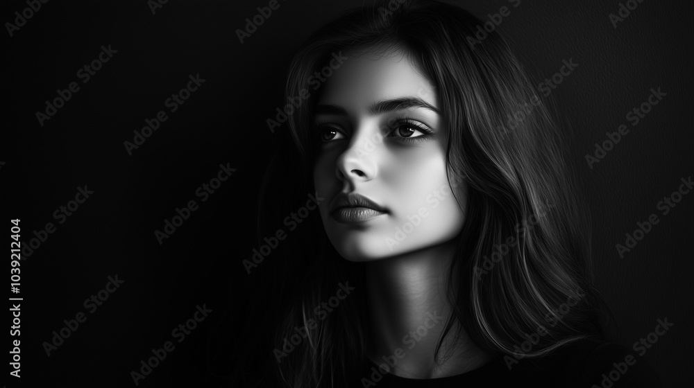 Stylish monochrome portrait of a confident young woman against a minimalist background Stylish monochrome portrait of a confident young woman against a minimalist background