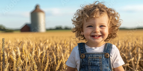 Cute toddler boy with curly hair wearing overalls, set against a background of a barn, wheat field, generative AI