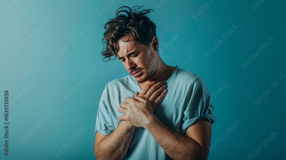 Man in Distress Clutching Chest in Pain on Blue Background – Heart Disease, Trauma, and Medical Treatment for Cardiovascular Symptoms and Diagnosis Man in Distress Clutching Chest in Pain on Blue Background – Heart Disease, Trauma, and Medical Treatment for Cardiovascular Symptoms and Diagnosis