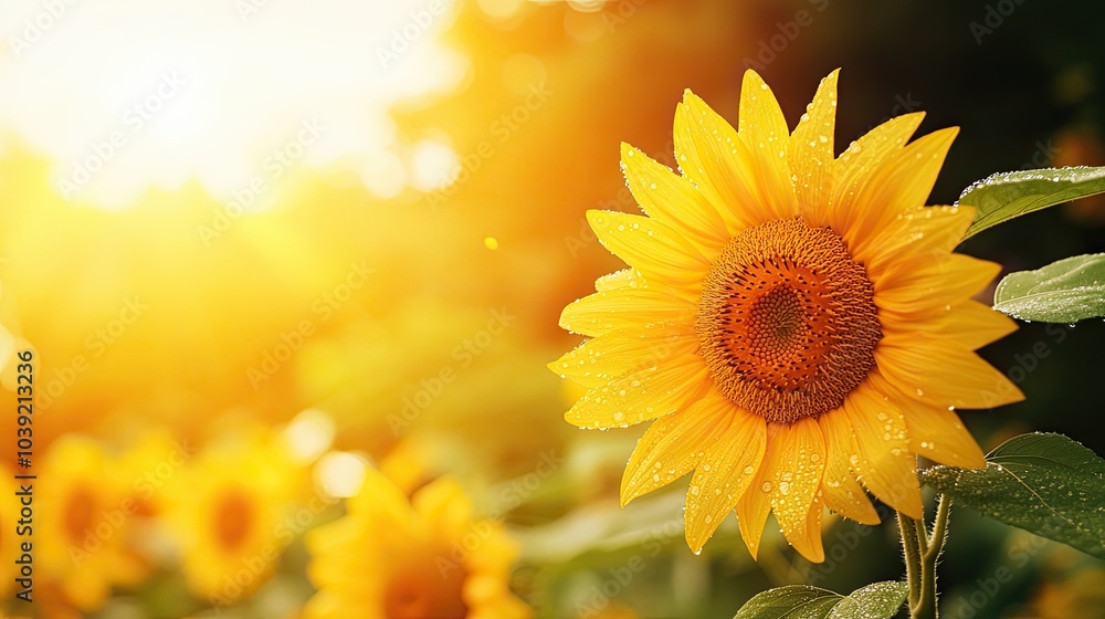 Freshly bloomed sunflowers facing the bright morning