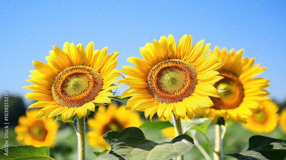 Obraz premium Freshly bloomed sunflowers facing the bright morning