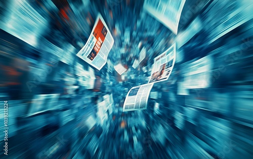 A dynamic, abstract representation of floating news articles, conveying rapid information flow in a digital space.