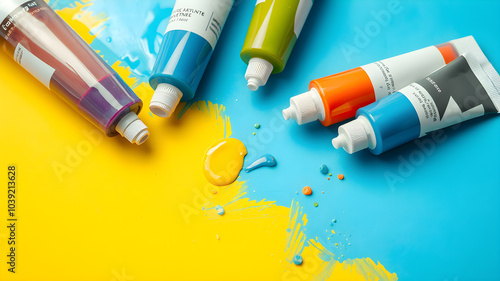 A collection of paint tubes with a yellow background