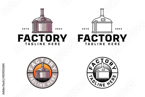 brewing machine with tank and tube colorful and outline badge logo design set for brewery factory and industry. beer production instrument illustration logo template for brewer, bar, pub