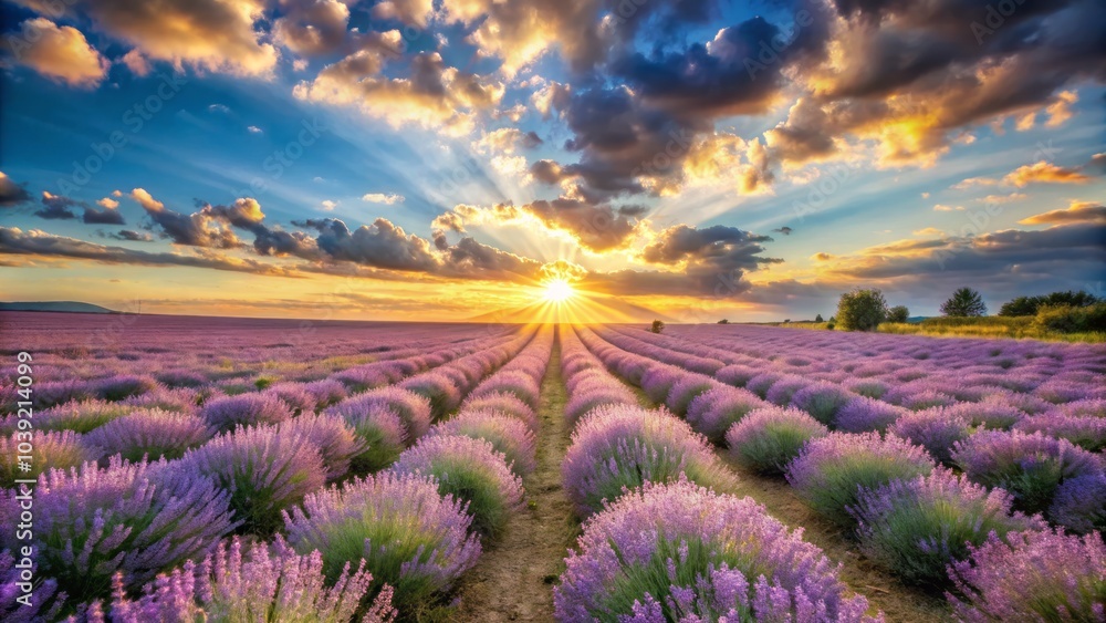 Obraz premium Soft Breeze Through Blooming Lavender Fields Under Warm Golden Sunlight in a Serene Landscape