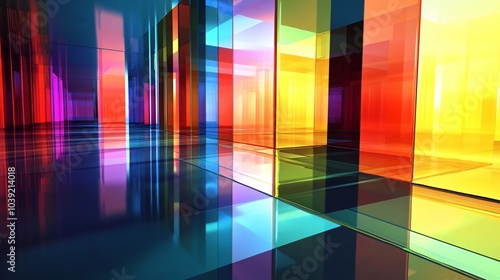 Abstract colorful glass room with reflections on floor.