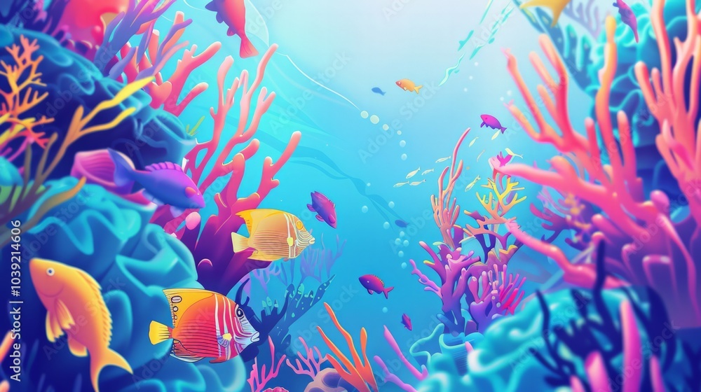 Fototapeta Lively aquatic illustration with playful fish exploring colorful coral reefs, offering a vibrant setting with balanced space for creative designs