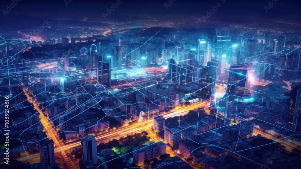 Fototapeta premium Cityscape with Digital Network Overlay