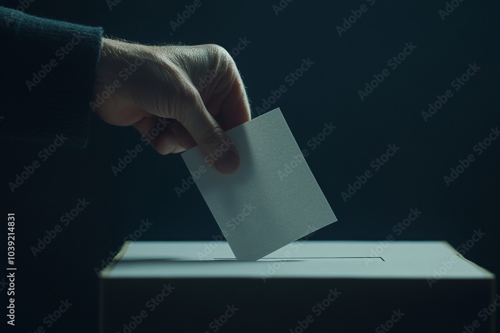A hand of a person placing a paper ballot in a voting box against a dark background, choice , act of casting a paper ballot by a private individual during election A hand of a person placing a paper ballot in a voting box against a dark background, choice , act of casting a paper ballot by a private individual during election