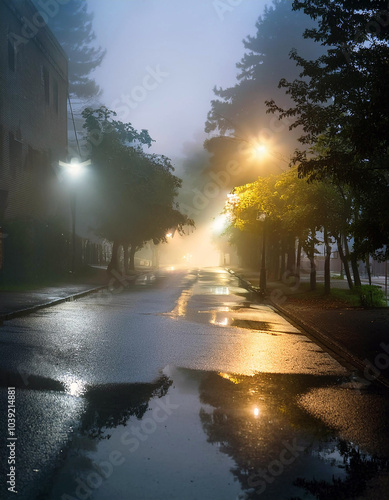 Enigmatic street, veiled in mist, under soft lamplight. Tranquil reflections dance on the wet asphalt. A serene, mysterious night scene.