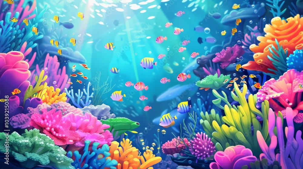 Fototapeta premium Vibrant aquatic scene with playful fish swimming joyfully among colorful reefs, offering a lively setting with open space for creative designs
