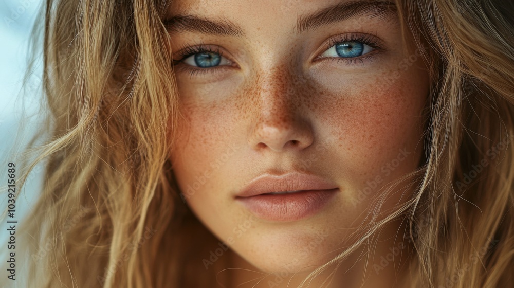 Close-up of Woman with Freckles and Blue Eyes Close-up of Woman with Freckles and Blue Eyes