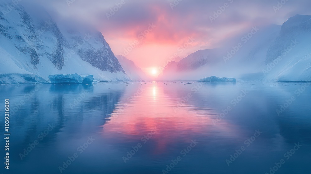 Fototapeta premium Serene sunset over icy fjord with reflections and mist.