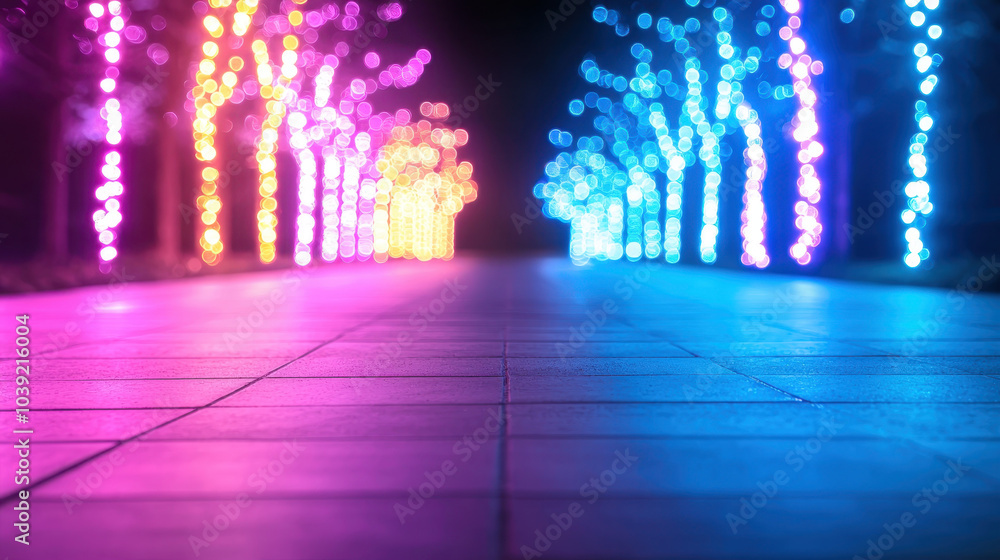 Obraz premium vibrant pathway illuminated by colorful lights creates magical atmosphere, inviting viewers to explore enchanting scene. blend of pink, blue, and white lights enhances beauty of surroundings
