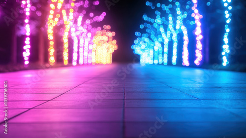 vibrant pathway illuminated by colorful lights creates magical atmosphere, inviting viewers to explore enchanting scene. blend of pink, blue, and white lights enhances beauty of surroundings