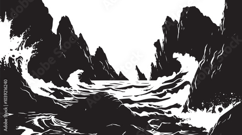 A rocky coastline with crashing waves. silhouette illustration