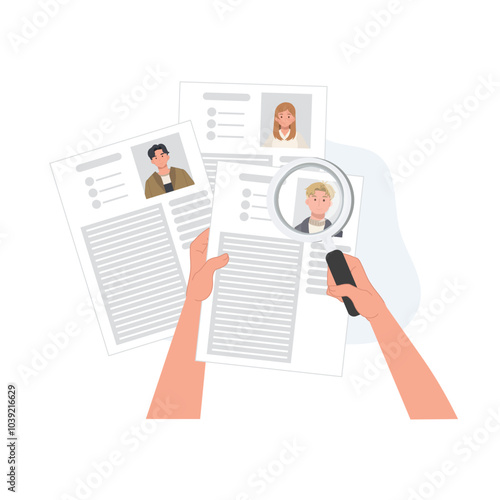 Human Resources Professional Using Magnifying Glass for Job Application Screening and Candidate Review