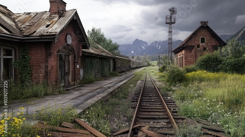 A charming, old countryside train station with weathered brick buildings, overgrown platforms, and a rusting railway track, surrounded by quiet fields and distant mountains.