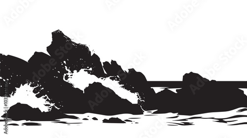 A rocky coastline with crashing waves. silhouette illustration