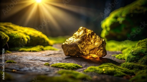 A radiant golden rock nestled amidst a bed of vibrant moss, bathed in the warm glow of a sunlit forest