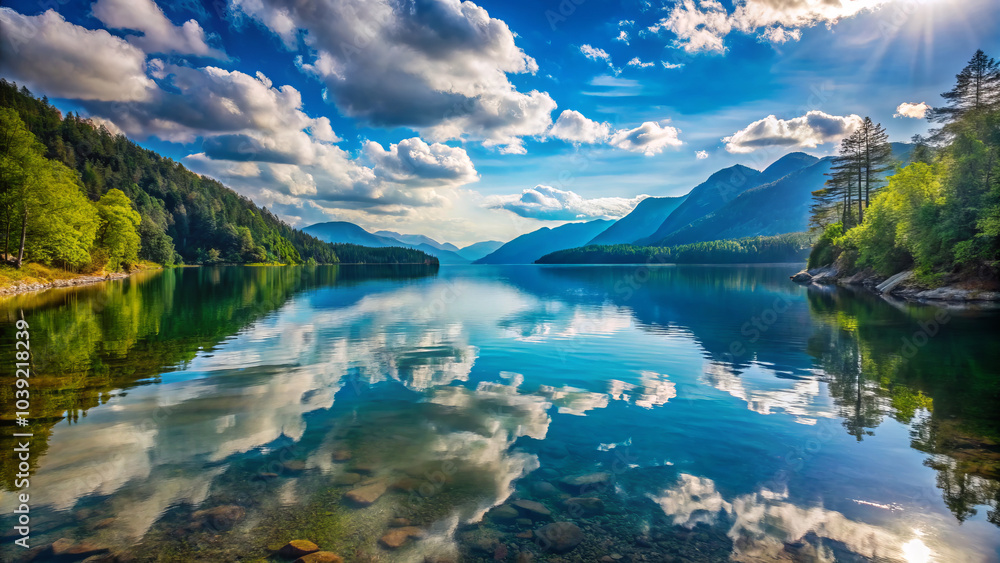 Obraz premium serene landscape featuring tranquil waters reflecting sky and surrounding mountains. lush greenery and vibrant clouds create peaceful atmosphere, inviting relaxation and contemplation
