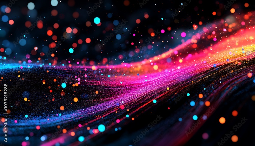 Fototapeta premium A vibrant, colorful abstraction featuring flowing patterns of light and bokeh effects against a dark background, creating a mesmerizing visual effect.