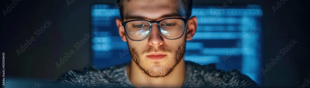 A focused young man with glasses stares intently at a computer screen, illuminated by the soft glow of digital data in a dark environment. A focused young man with glasses stares intently at a computer screen, illuminated by the soft glow of digital data in a dark environment.