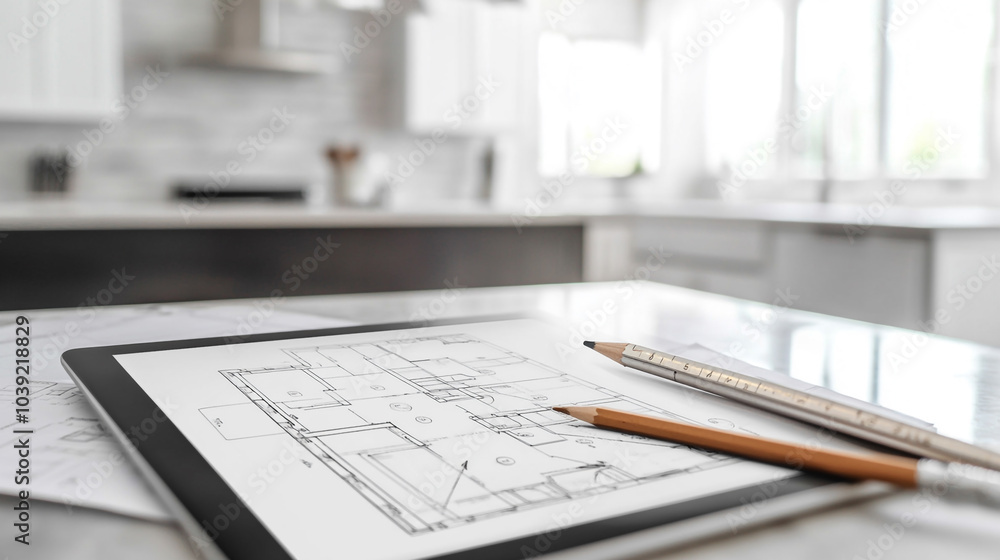 Detailed architectural plans displayed on a tablet in a modern kitchen during daylight hours
