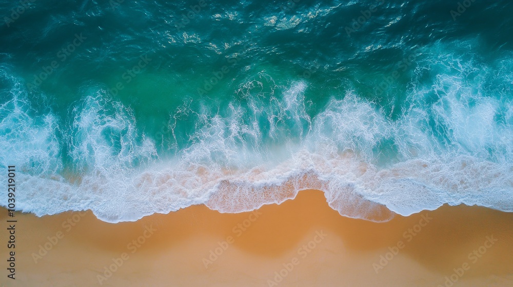 Aerial View of Turquoise Ocean Waves Crashing on Sandy Beach Aerial View of Turquoise Ocean Waves Crashing on Sandy Beach