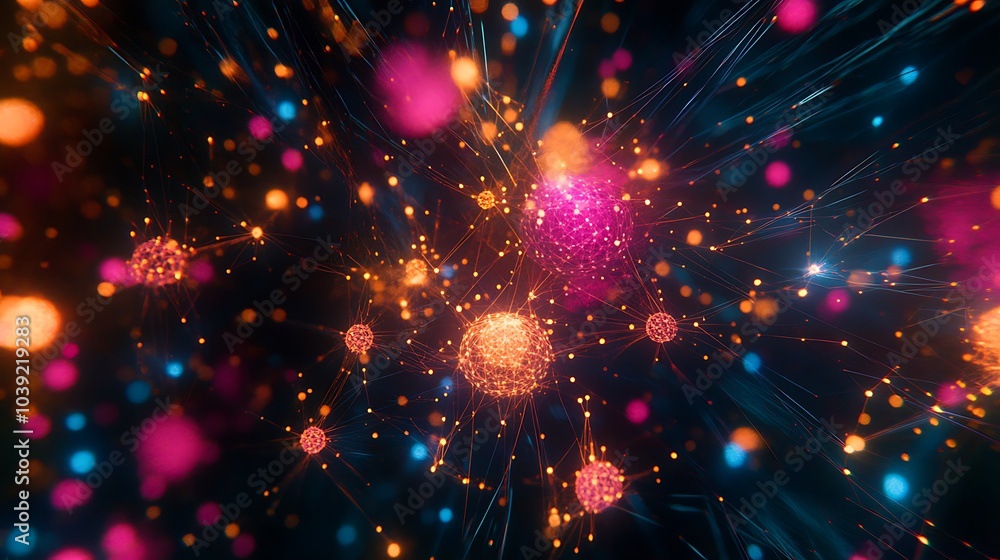 Fototapeta premium A vibrant, abstract representation of glowing particles and lights, creating a dynamic and colorful visual effect against a dark background.