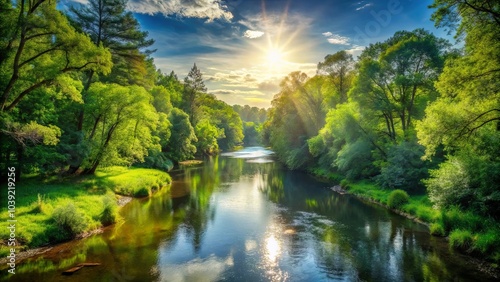 Sunbeams illuminate the verdant canopy above a calm river flowing through a lush forest, reflecting the sky and clouds in its tranquil waters.