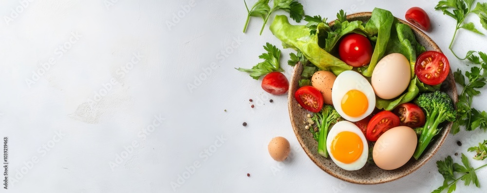 Fresh salad with tomatoes, broccoli, and eggs on a rustic plate against a light background. Fresh salad with tomatoes, broccoli, and eggs on a rustic plate against a light background.